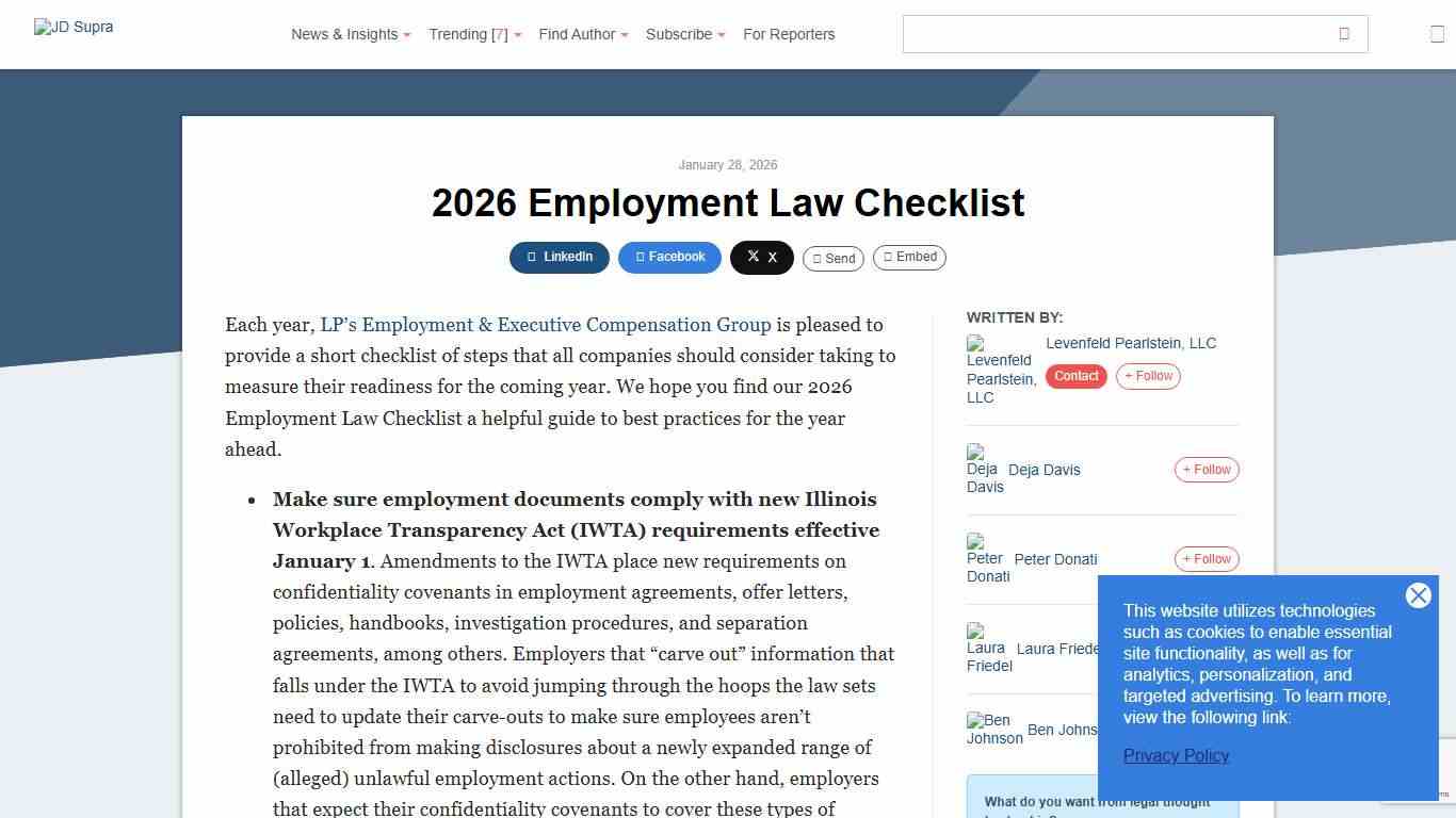 2026 Employment Law Checklist Levenfeld Pearlstein, LLC - JDSupra
